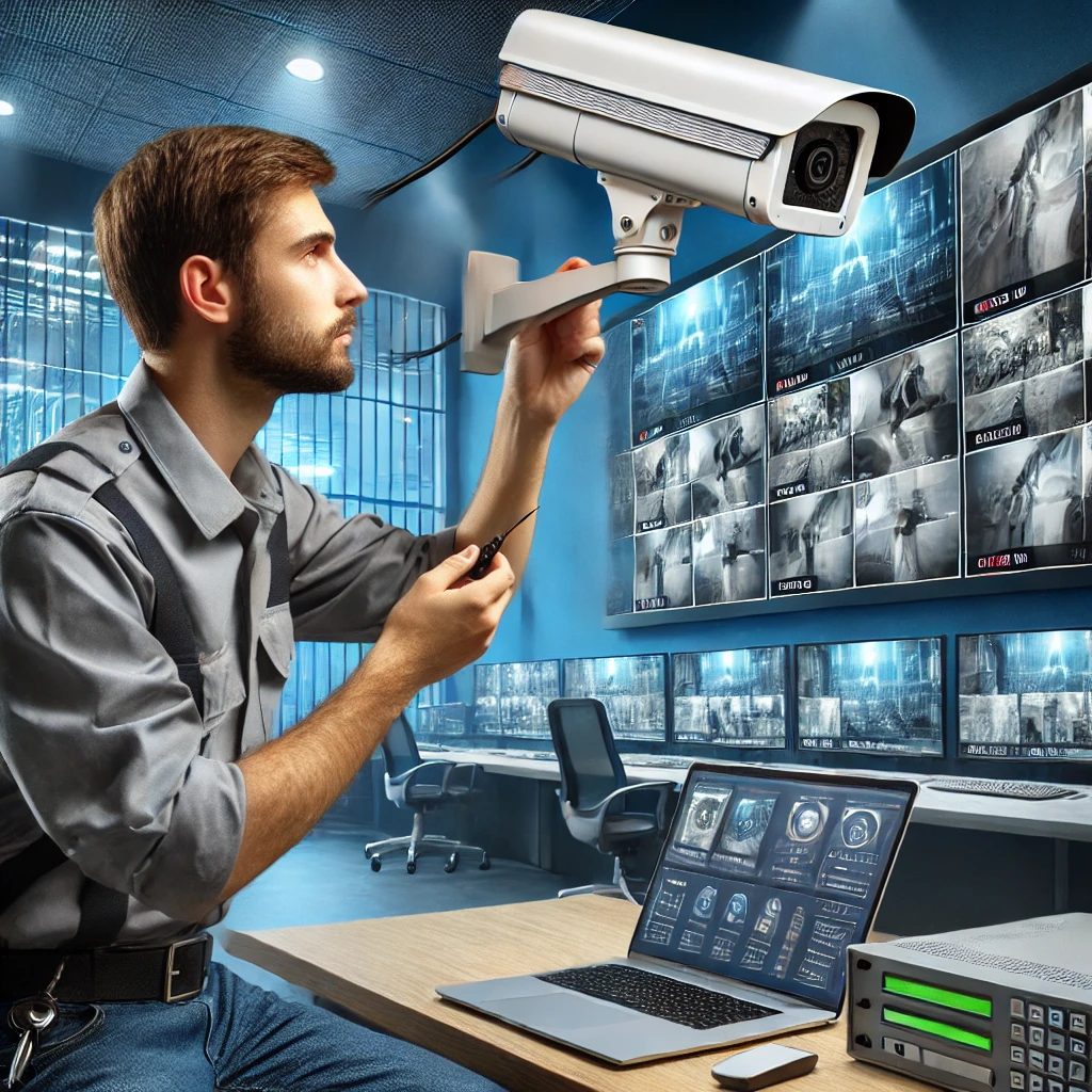 Image refers to A technician performing maintenance on a CCTV camera, adjusting its settings while using a laptop.
